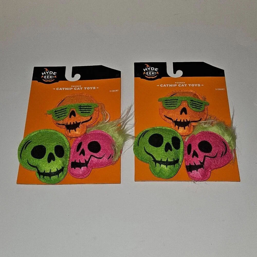 NEW 2 Pks Halloween Pet Pounce Catnip Cat Toys Lot Skeleton Skull Hyde & Eek